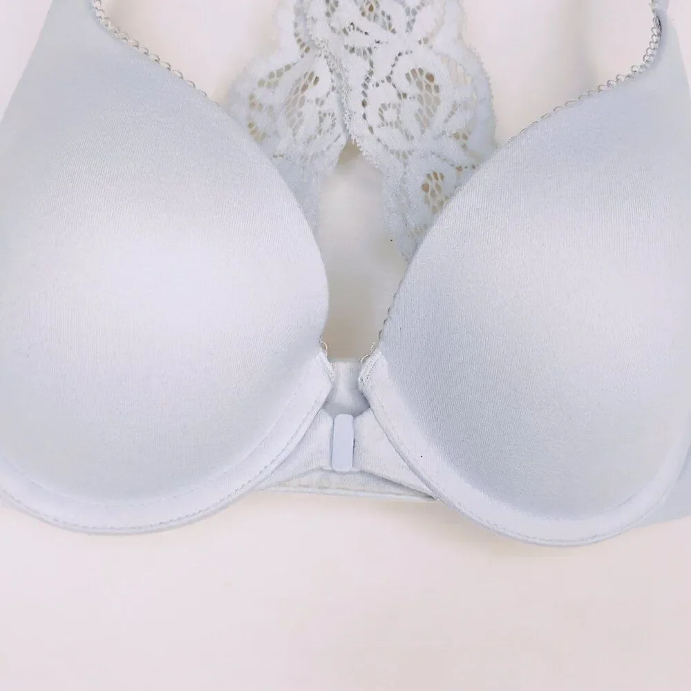 Victoria's Secret Bra Push Up Padded Comfy Front Close Lace Racer Gray Blue 32C